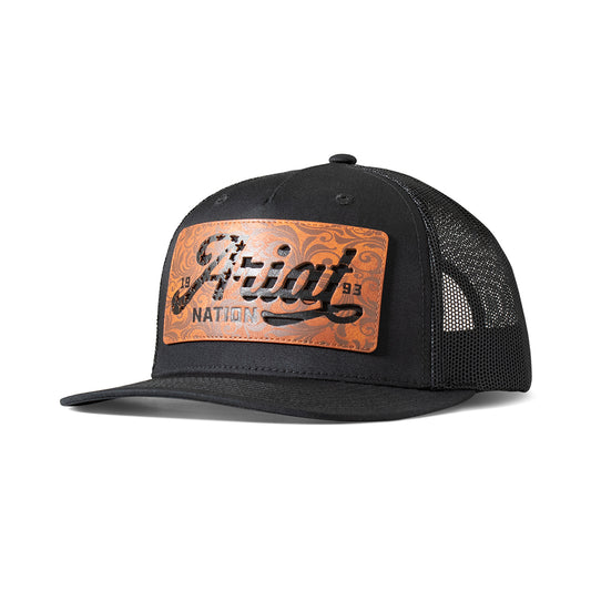 Ariat A300086201 men's black snapback cap with brown leather Ariat script patch and black mesh back, front view