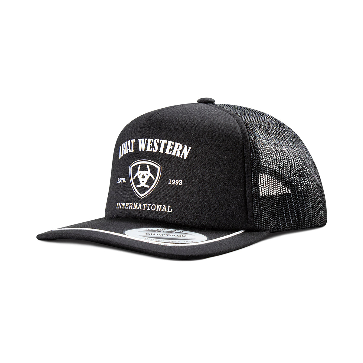 Ariat A300089001 men's black flat bill snapback cap with Ariat Western International embroidered in white and black mesh back, front view