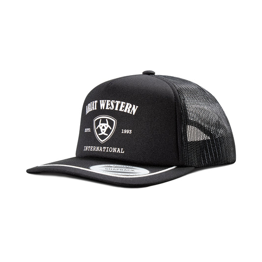 Ariat A300089001 men's black flat bill snapback cap with Ariat Western International embroidered in white and black mesh back, front view