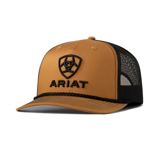 Ariat A300090008 men's tan snapback cap with black embroidered Ariat shield logo, black rope visor trim and black mesh back, front view