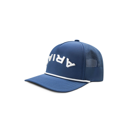 Ariat A300095303 men's navy performance snapback cap with white flipped Ariat embroidery, white rope visor and perforated panels, front view