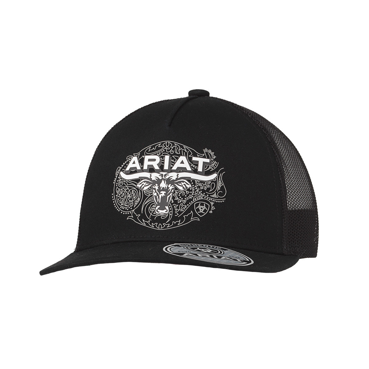 Ariat A300096801 men's black snapback cap with white embroidered Ariat name over bear and floral artwork, black mesh back, front view