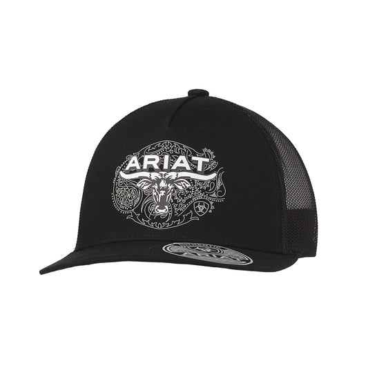 Ariat A300096801 men's black snapback cap with white embroidered Ariat name over bear and floral artwork, black mesh back, front view