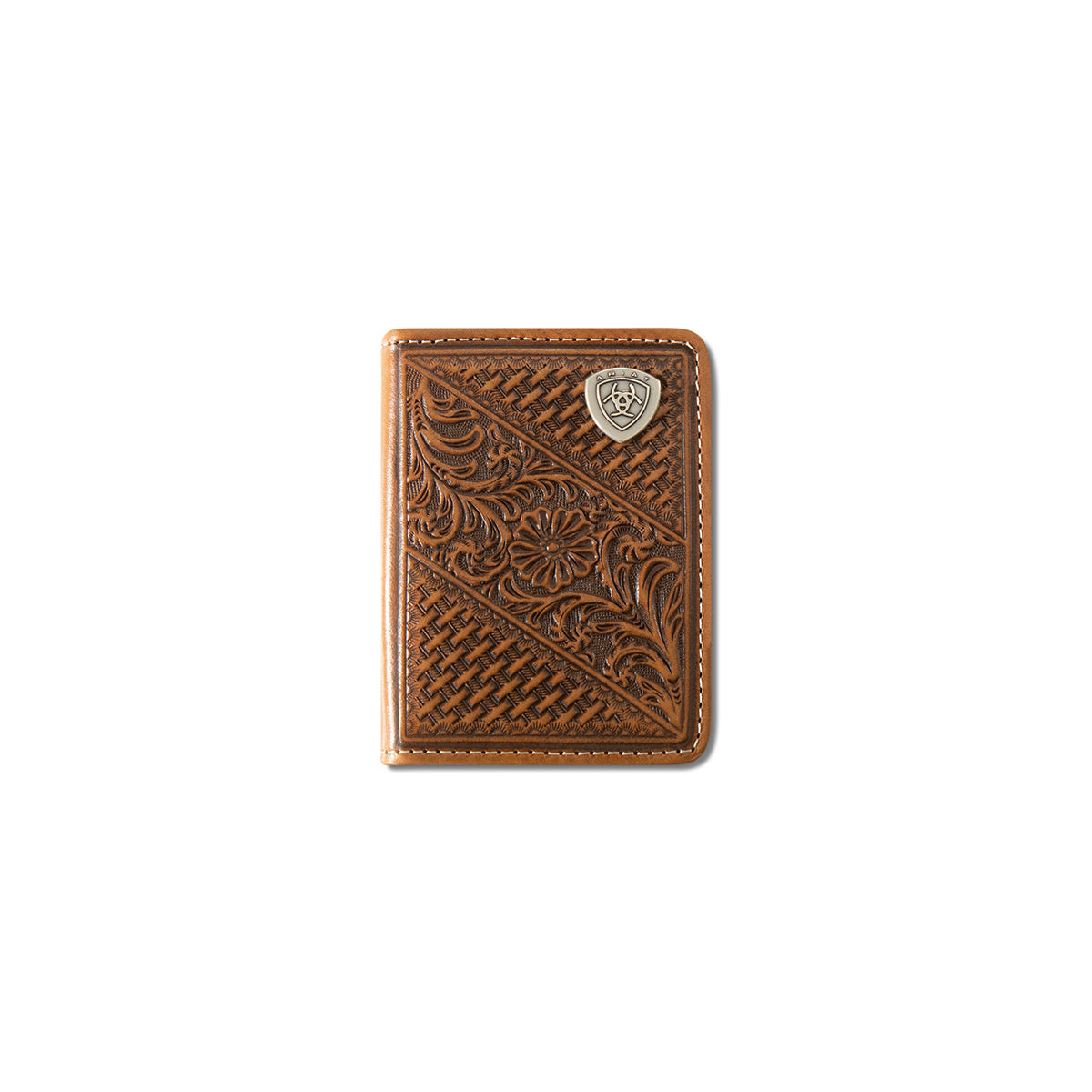 Ariat Men's Tan Flip Basketweave Floral Shield Bifold Wallet A3564208