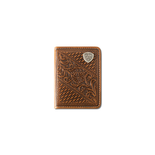 Ariat Men's Tan Flip Basketweave Floral Shield Bifold Wallet A3564208