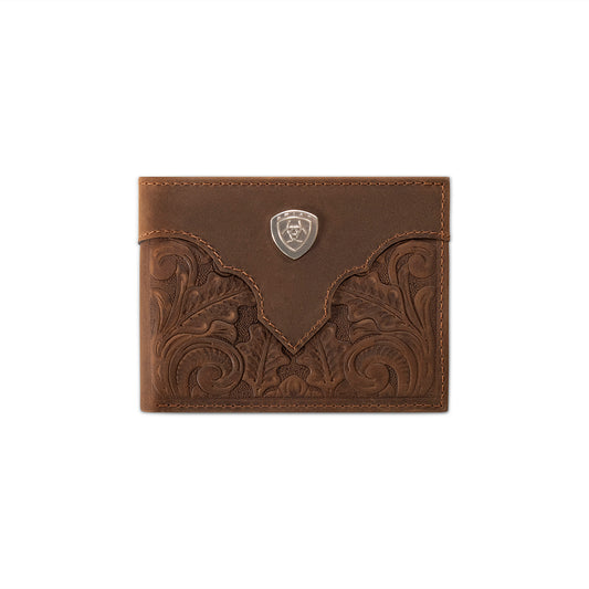 Ariat Men's Medium Brown Overlay Scroll Embossed Trifold Wallet A3569044