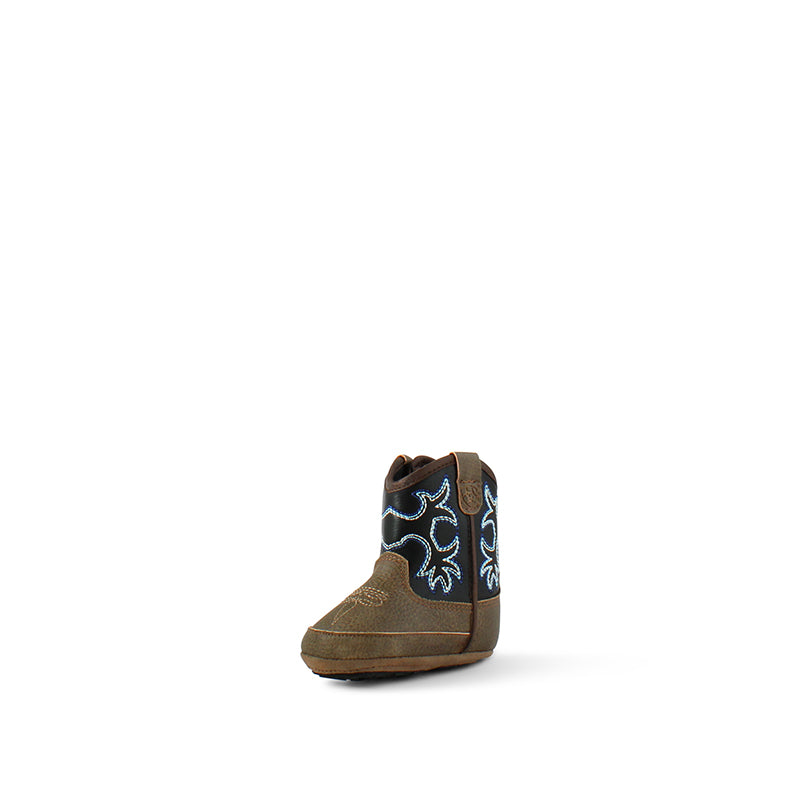 Ariat Lil' Stompers A442000144 infant Tombstone boot, brown foot and black shaft with blue and white stitching