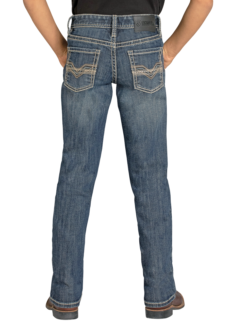 Rock & Roll Denim Boys' Revolver Dark Vintage jean BB1RD06132 - back view on model showing the raised rope-stitch V pockets