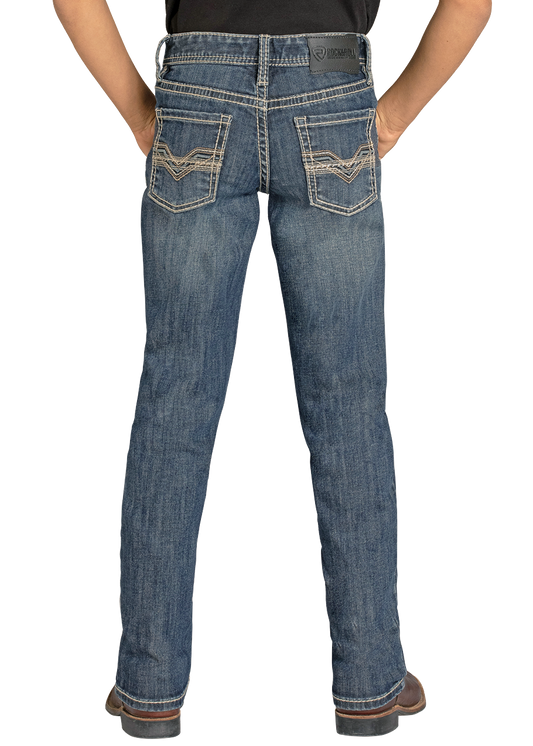 Rock & Roll Denim Boys' Revolver Dark Vintage jean BB1RD06132 - back view on model showing the raised rope-stitch V pockets