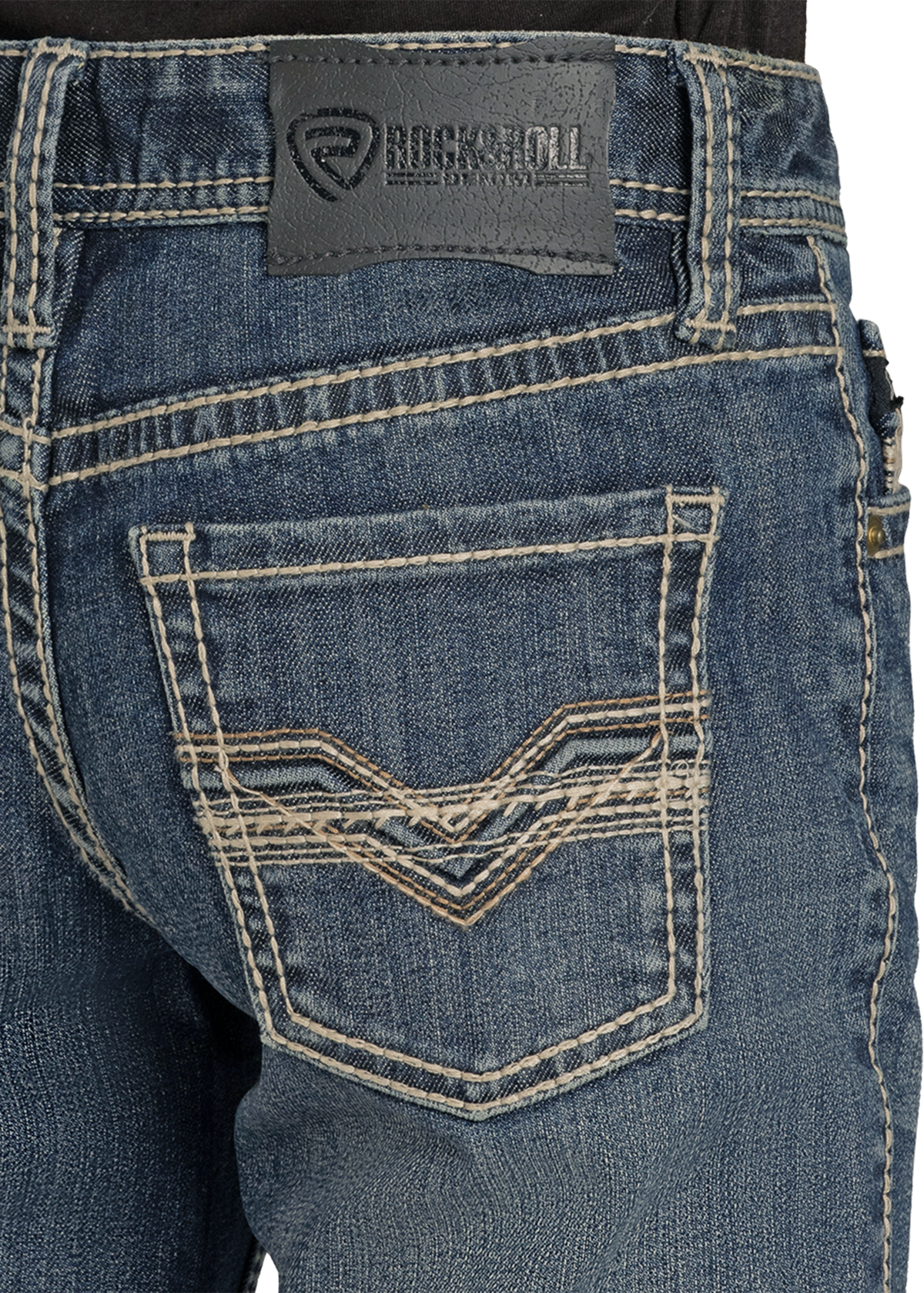 Rock & Roll Denim Boys' Revolver BB1RD06132 - close-up of the back pocket raised stitching and waistband patch