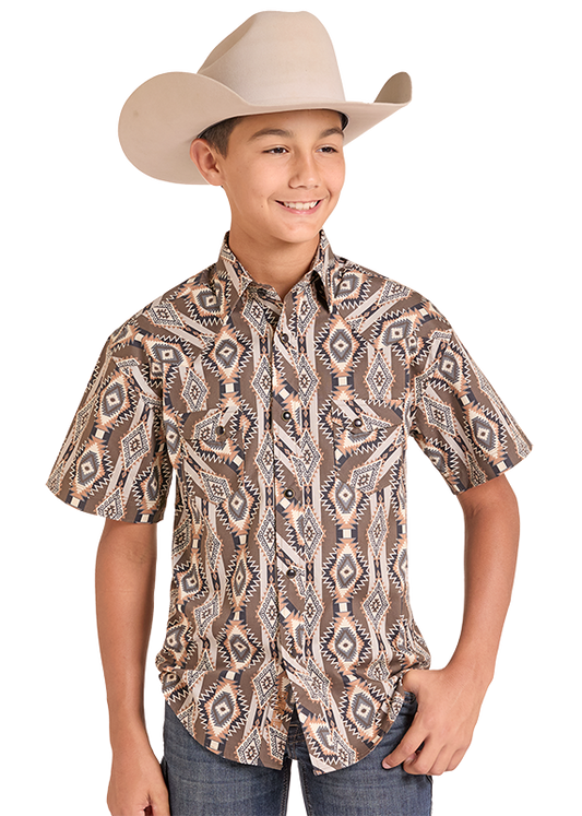 Rock & Roll Denim BBN3S09440 boys' snap shirt in dark brown, front view