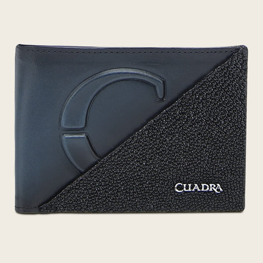 Cuadra DU717 men's black and blue stingray leather bifold wallet, front