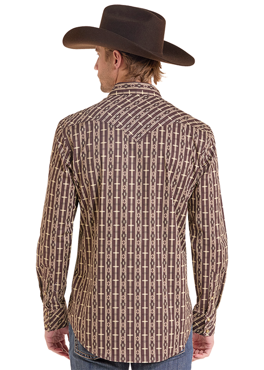 Rock & Roll Denim BMN2S10116 men's snap shirt in brown, back view
