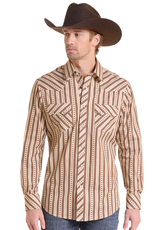 Rock & Roll Denim BMN2S10117 men's snap shirt in tan, front view