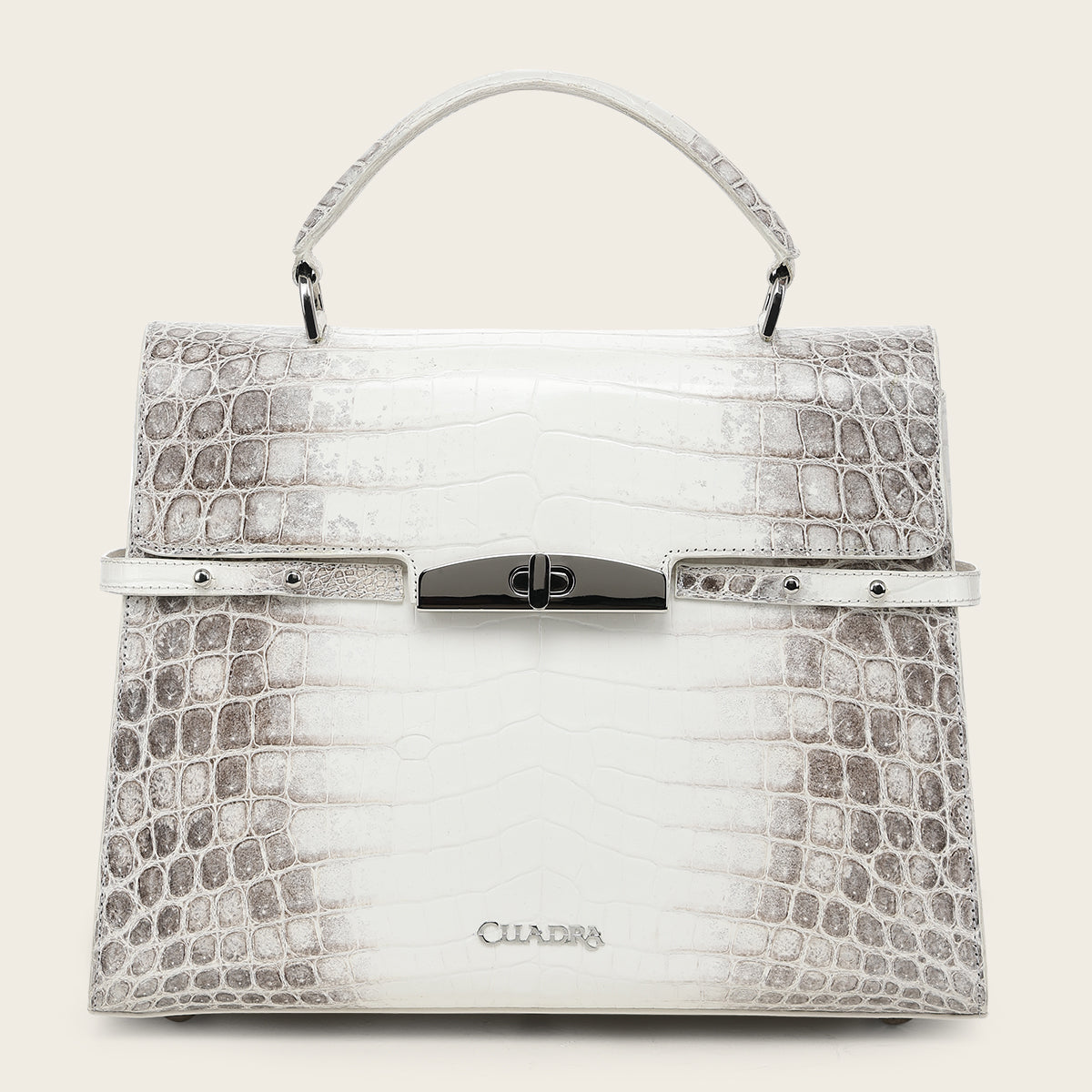 Cuadra DU873 white Niloticus crocodile handbag with short top handle, front view