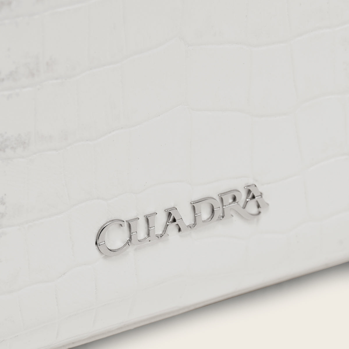 Detail of Niloticus crocodile scales, metallic studs and hardware on the Cuadra DU873 handbag