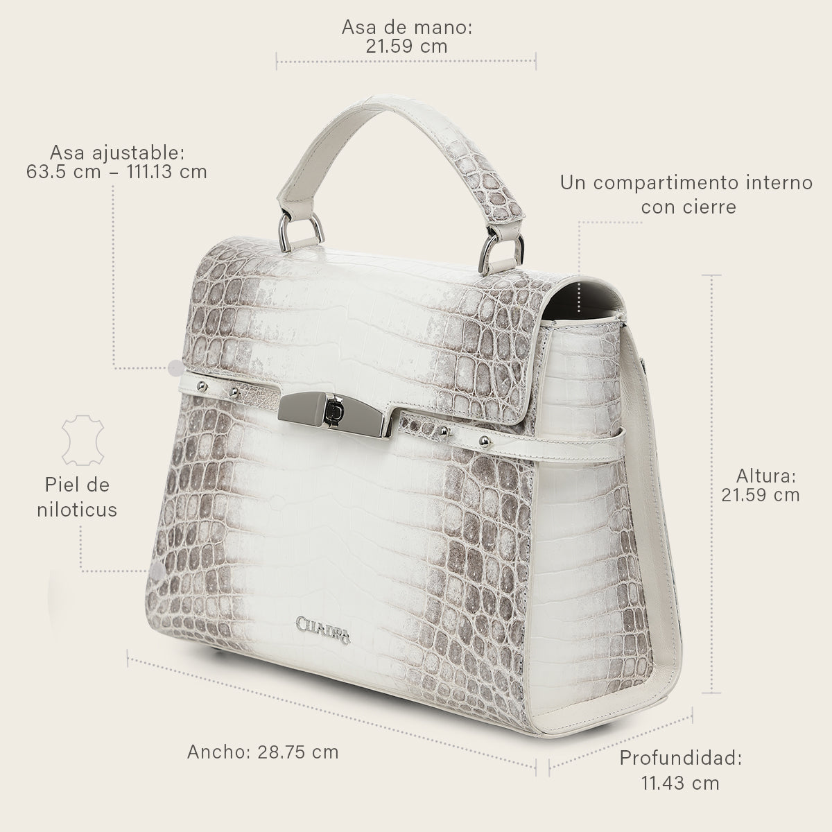 Cuadra DU873 white Niloticus crocodile leather handbag, isometric view