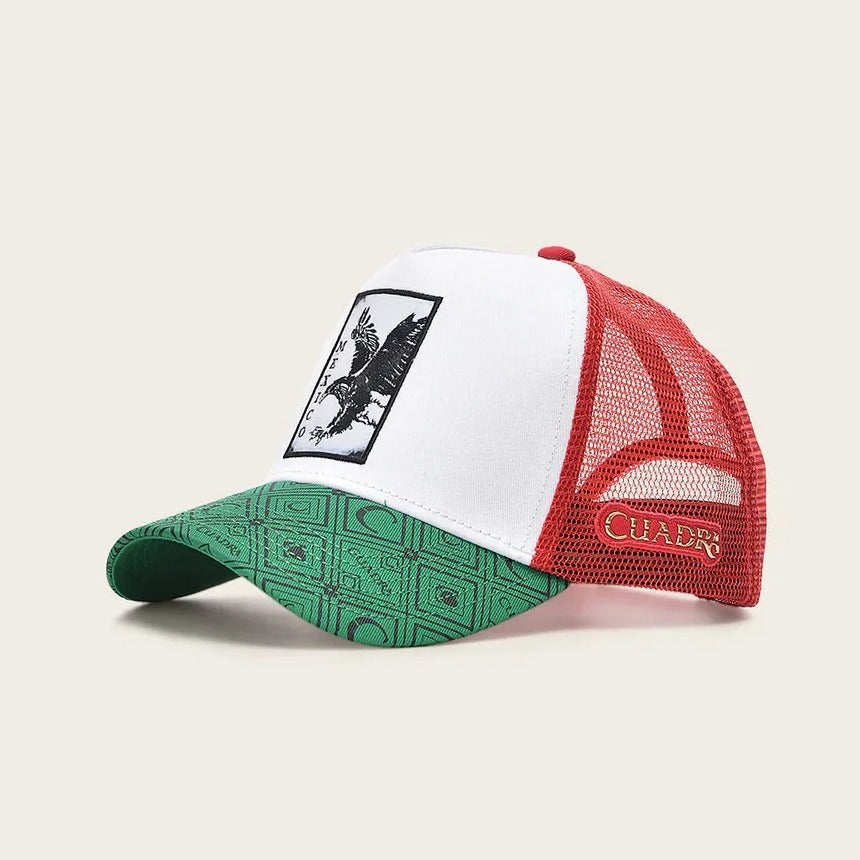 Cuadra CC112 Mexico trucker cap: white front with embroidered eagle patch, green Cuadra monogram visor and red mesh back, front view