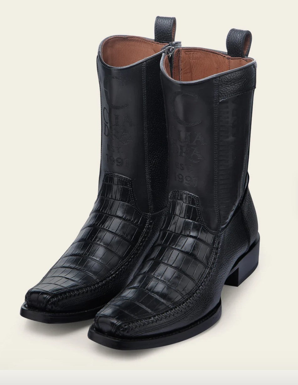 CUADRA CU805 EE MEN PLUNGE BLACK CAIMAN LASER & WOVEN NARROW SQUARE TOE