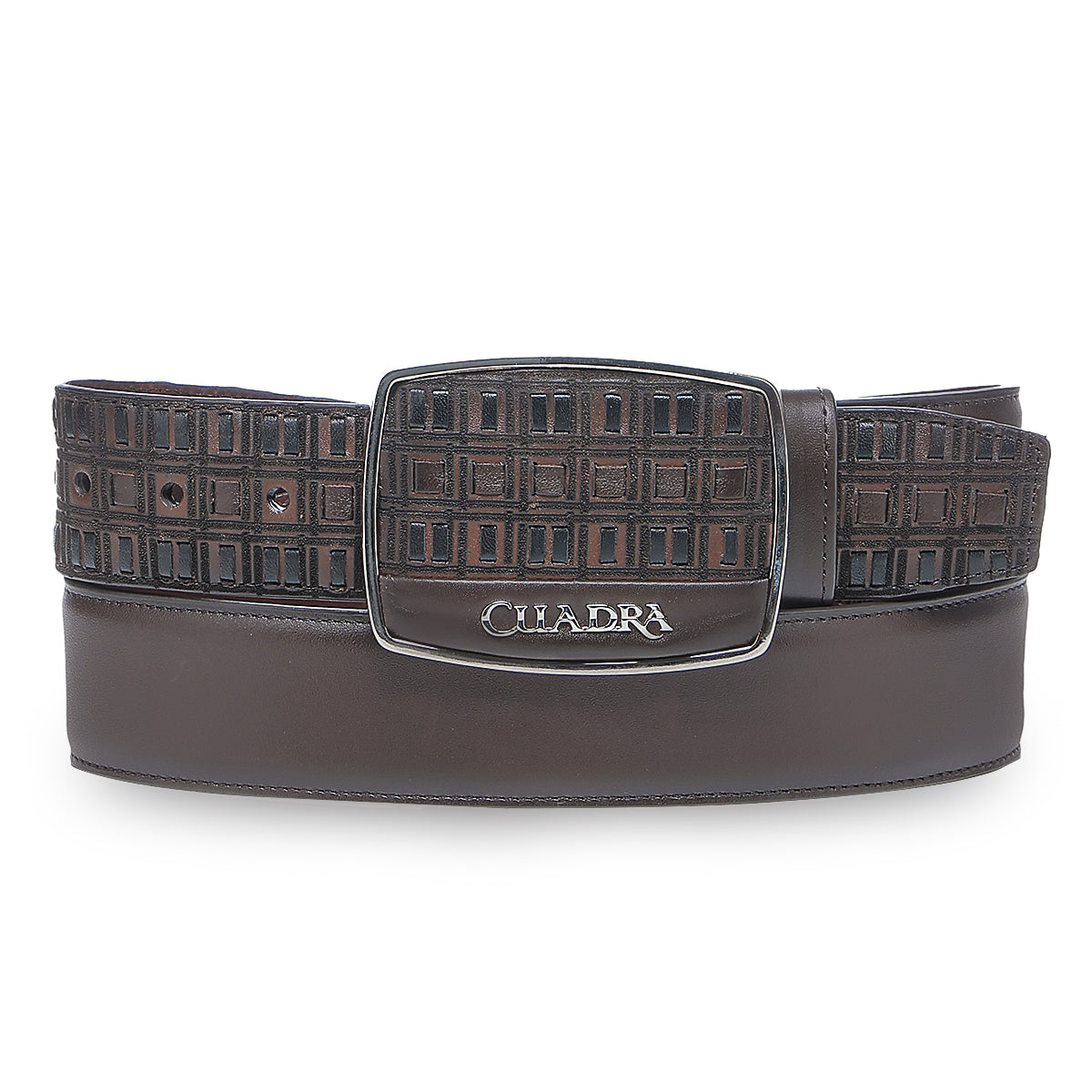 Cuadra BC401 men's brown bovine leather western belt, front view with engraved rectangular buckle