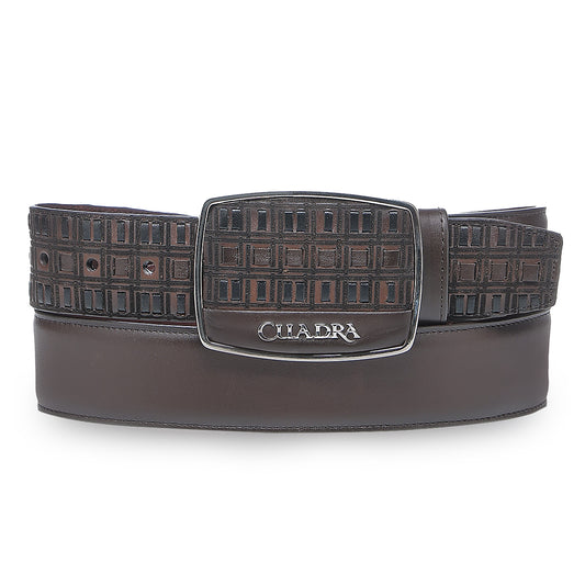 Cuadra BC401 men's brown bovine leather western belt, front view with engraved rectangular buckle