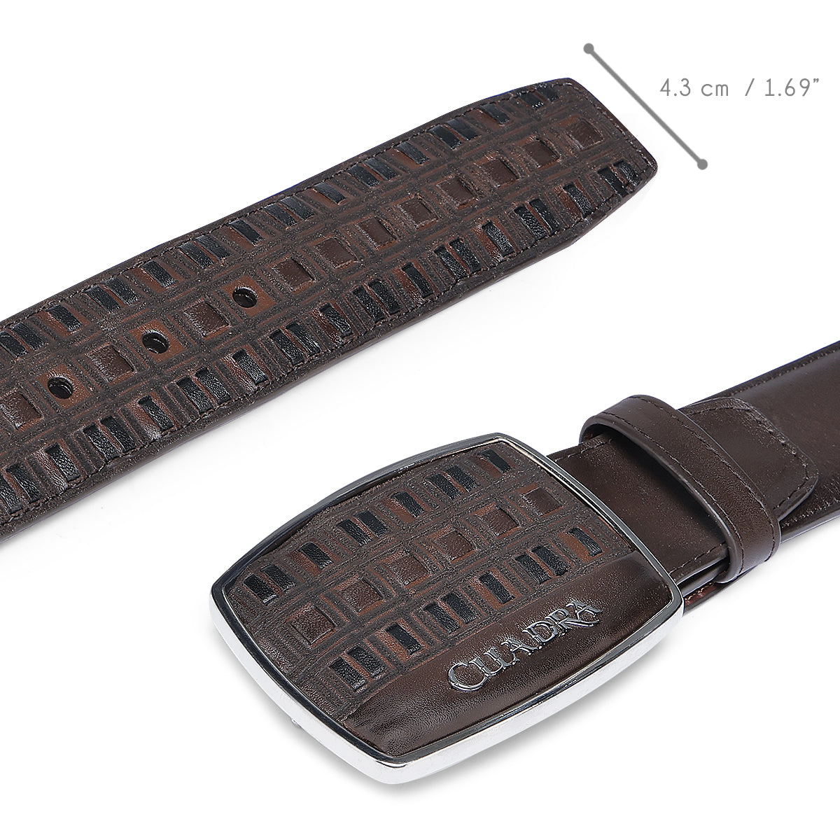 Cuadra BC401 brown leather belt, angled view showing 4.3 cm strap width measurement