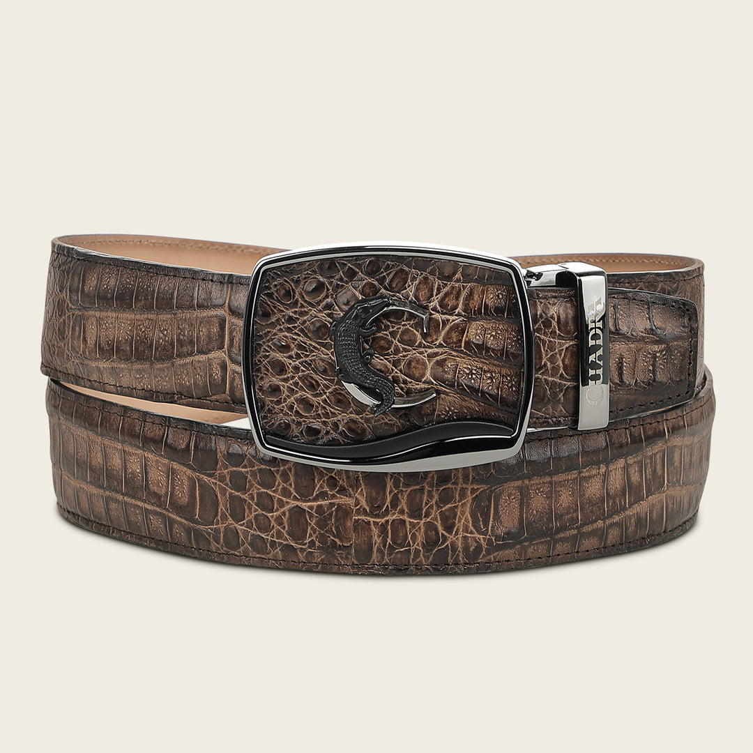 Cuadra BC480 brown fuscus caiman belt, buckle detail with Cuadra monogram