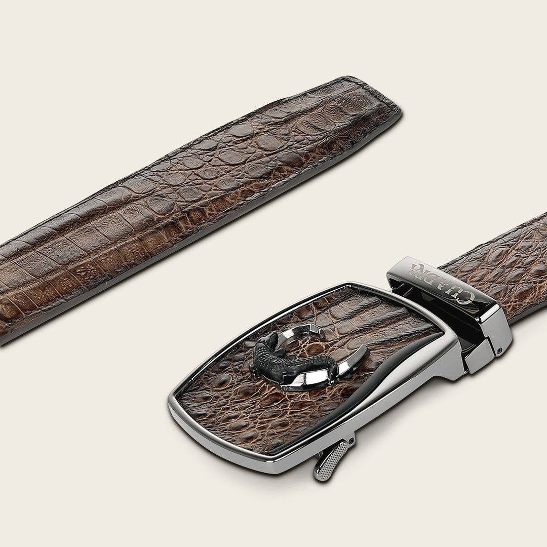 Cuadra BC480 brown fuscus caiman belt, tip and SoloClip detail