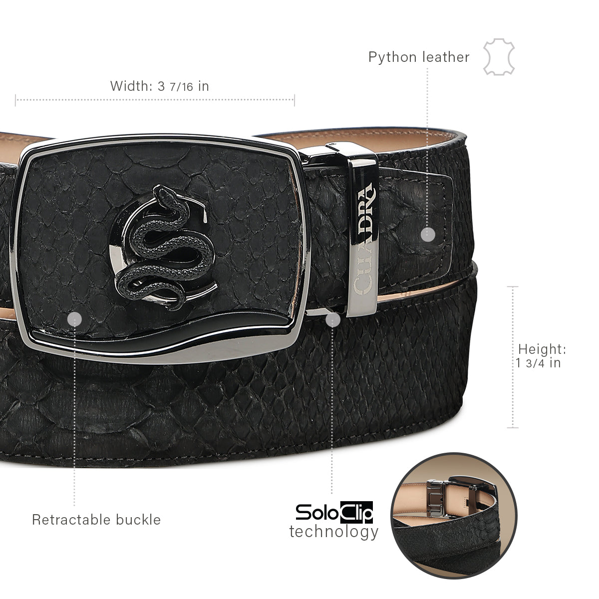 Cuadra Men’s Matte Black Python Leather Western Belt - BC483