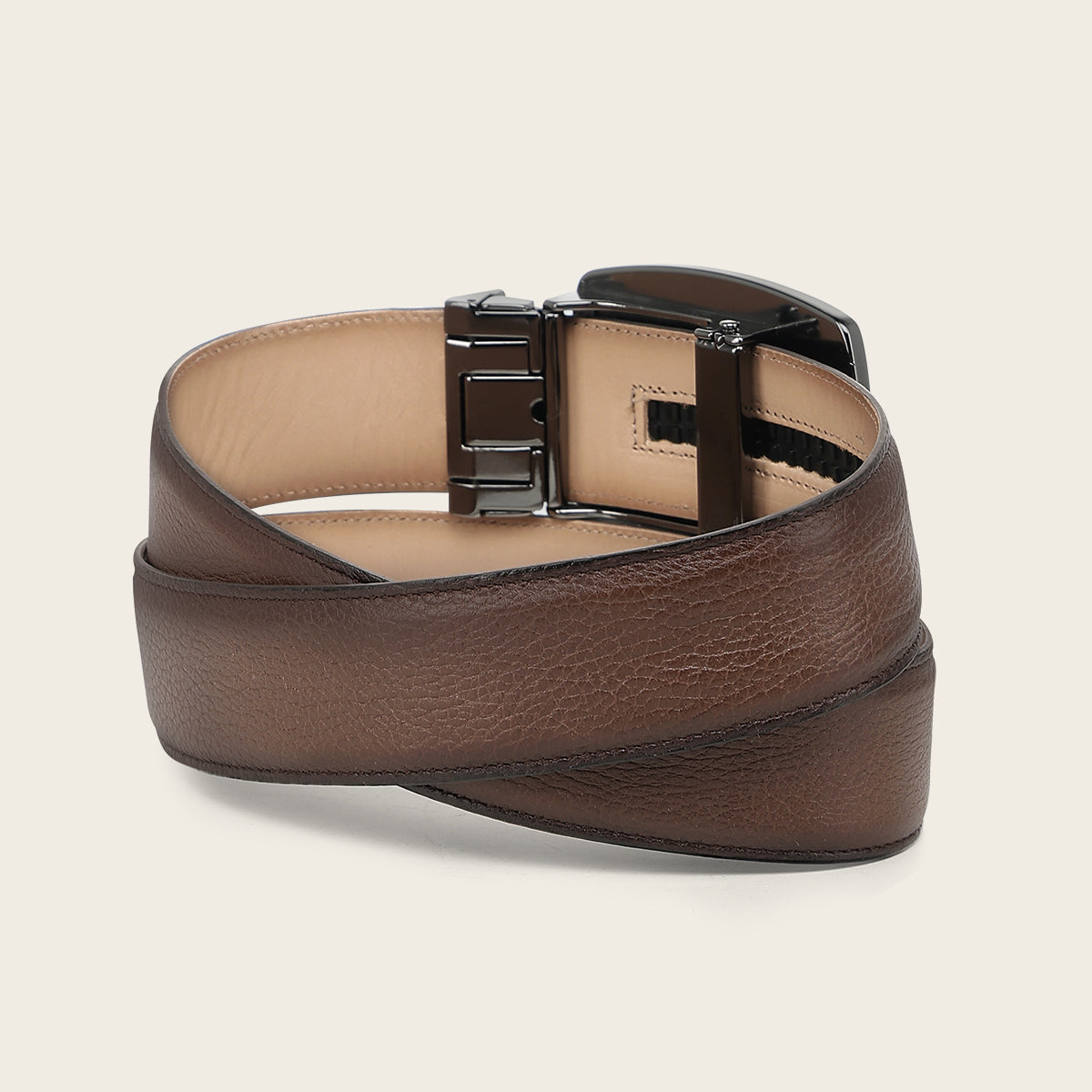 Cuadra BC580 honey deer leather belt showing the SoloClip buckle mechanism and leather lining