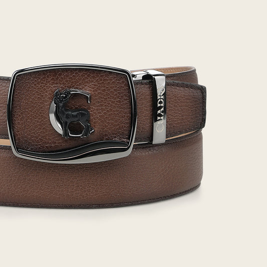 Close-up of the Cuadra BC580 retractable buckle with metal Cuadra monogram and inlaid deer figure