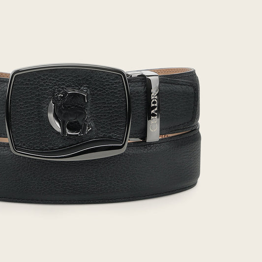 Close-up of the Cuadra BC579 retractable buckle with metal Cuadra monogram and inlaid deer figure
