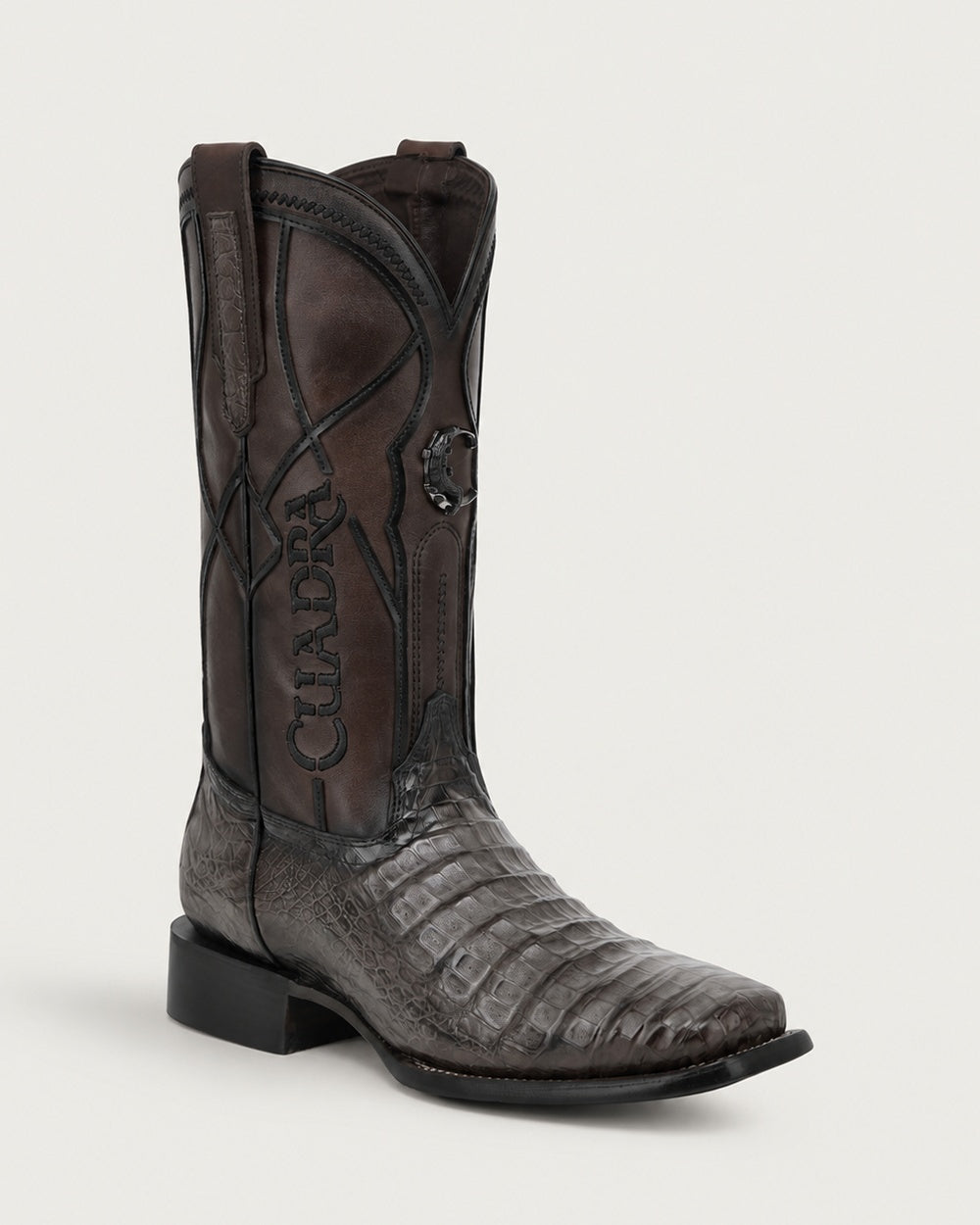 Cuadra CC353 men's grey caiman fuscus western boot with chocolate shaft, embroidery and square toe