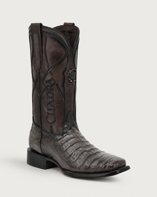Cuadra CC353 men's grey caiman fuscus western boot with chocolate shaft, embroidery and square toe