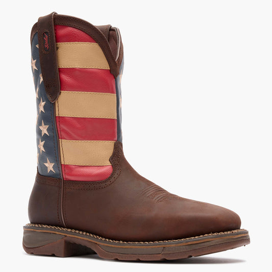 Durango DB020 Workin' Rebel Patriotic men's steel toe work boot in dark brown with American flag shaft, front view