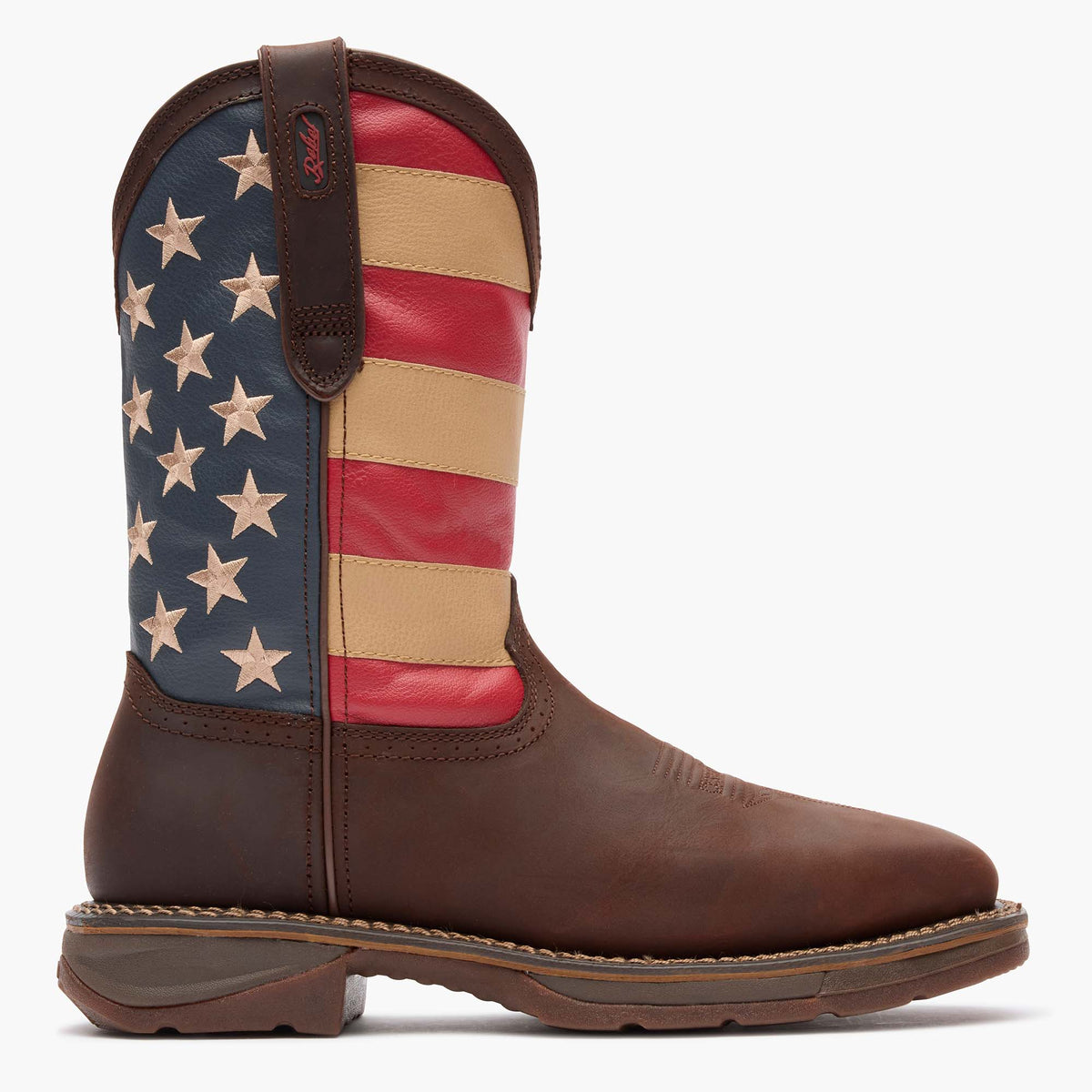 Outer side profile of Durango DB020 Workin' Rebel steel toe boot showing square toe and 1.5 inch rocker heel