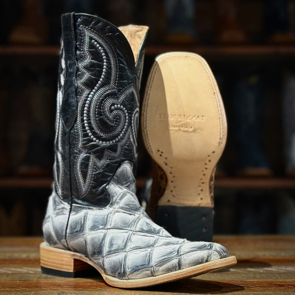 Tanner Mark TM0720 Beaumont men's monster fish print boots in matte grey with Volcano black top, Stockman square toe