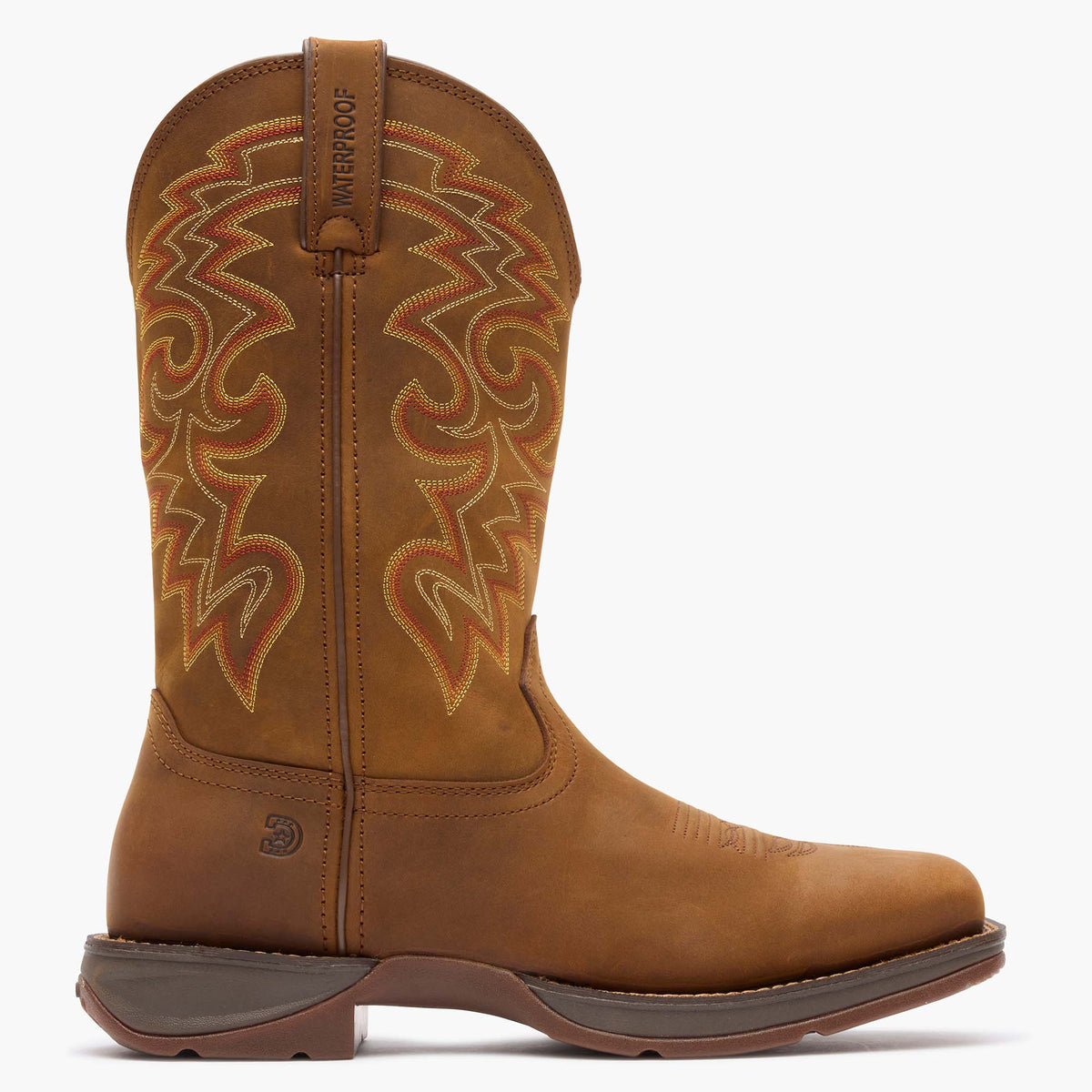 Outer side profile of Durango DDB0361 Rebel waterproof boot showing the 12-inch russet shaft and 1.5 inch rocker heel