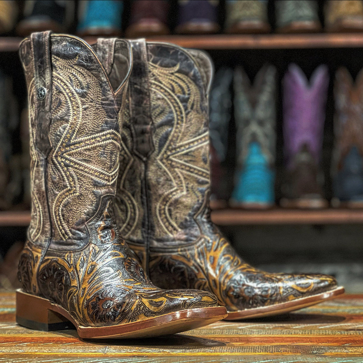 Tanner Mark men's TM205566 brown jungle hand-tooled leather cowboy boots with square toe