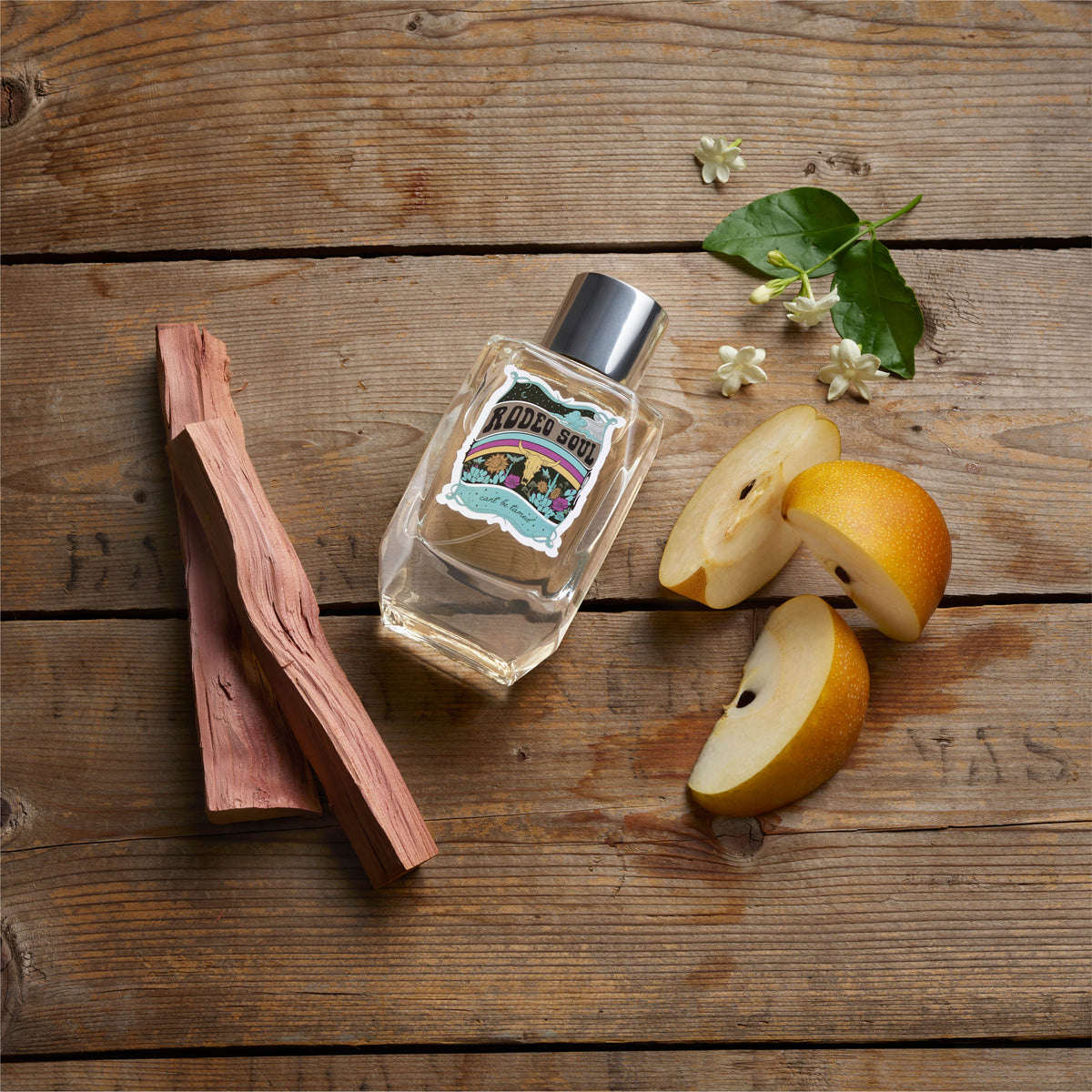 Rodeo Soul perfume scent notes: golden pear, jasmine, musk crystals, praline and Virginia cedarwood