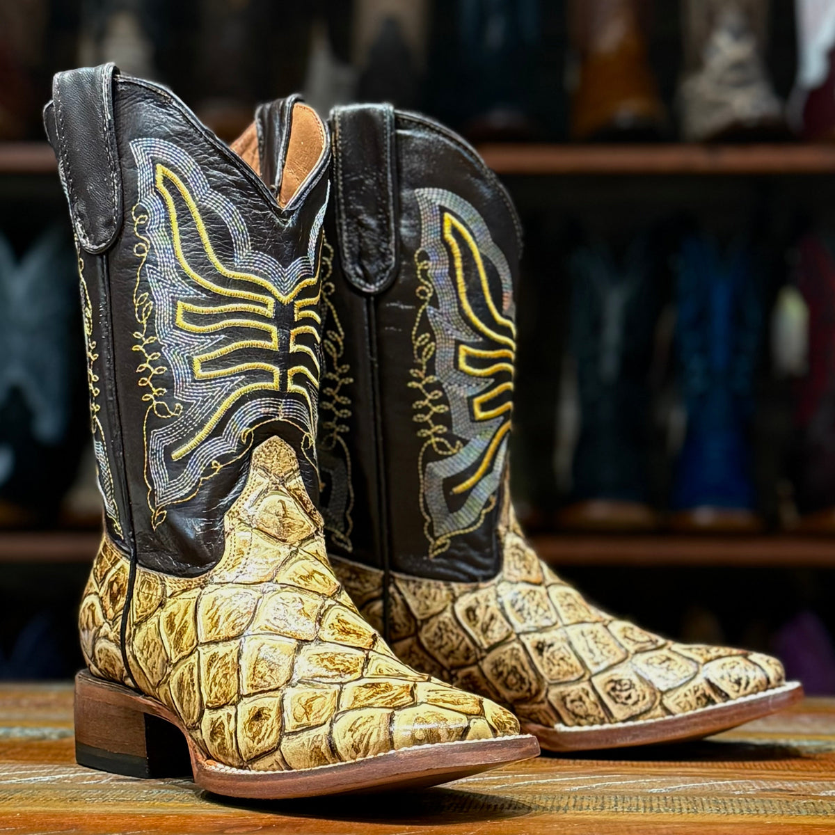 Tanner Mark youth Billy cowboy boots TMY205204 in orix tan monster fish print with dark brown embroidered shaft and square toe