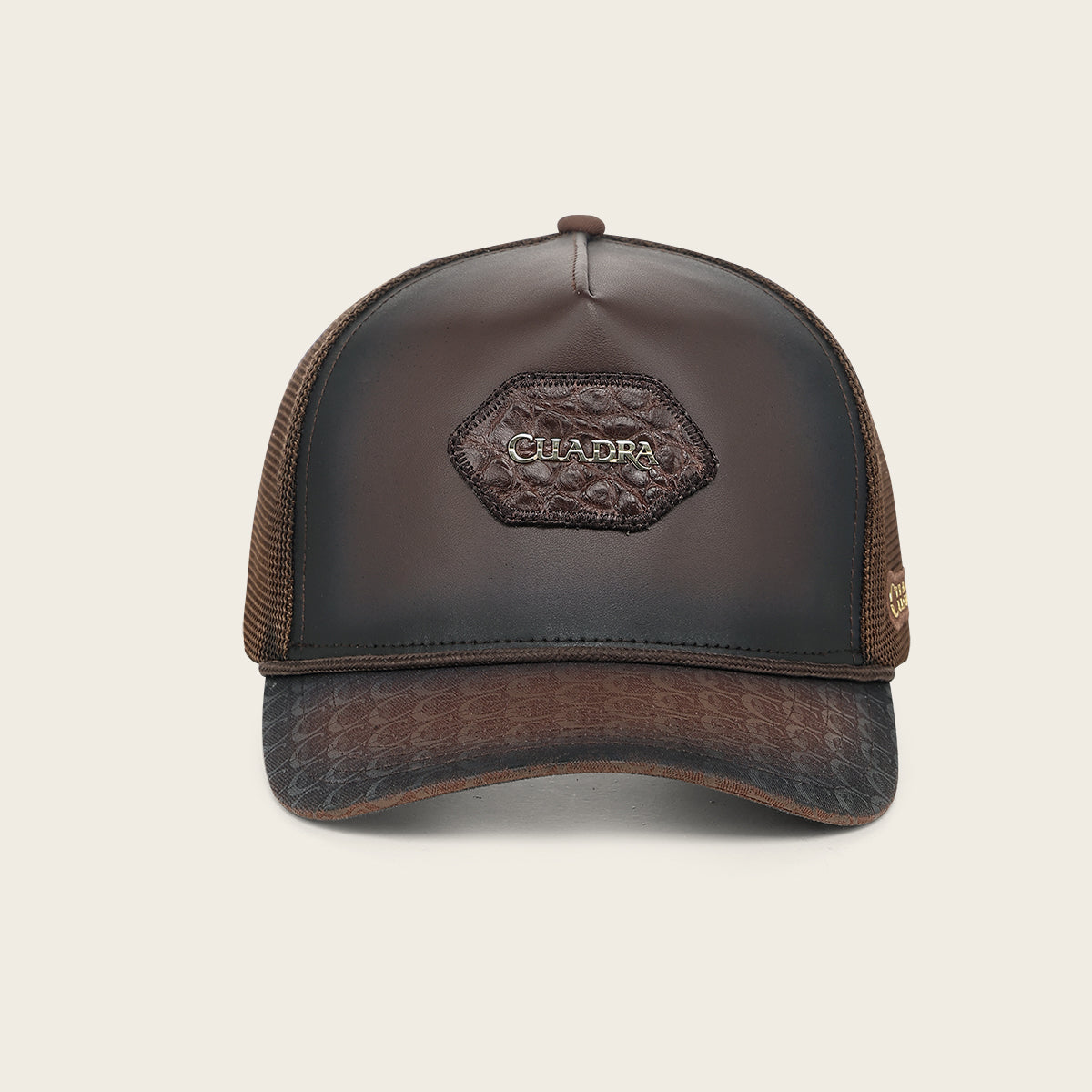 Cuadra CP005 men's brown snapback cap with genuine caiman leather patch, front view