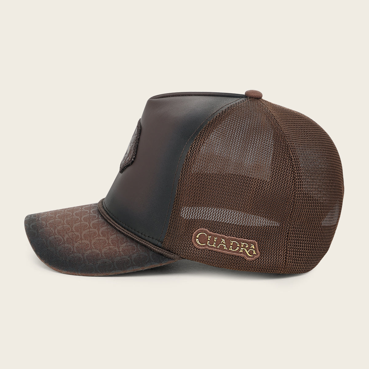 Cuadra CP005 brown caiman patch snapback cap, detail view