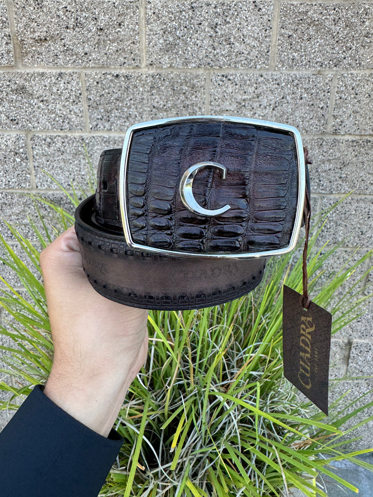 Cuadra BC279 chocolate caiman belt, buckle and scale detail