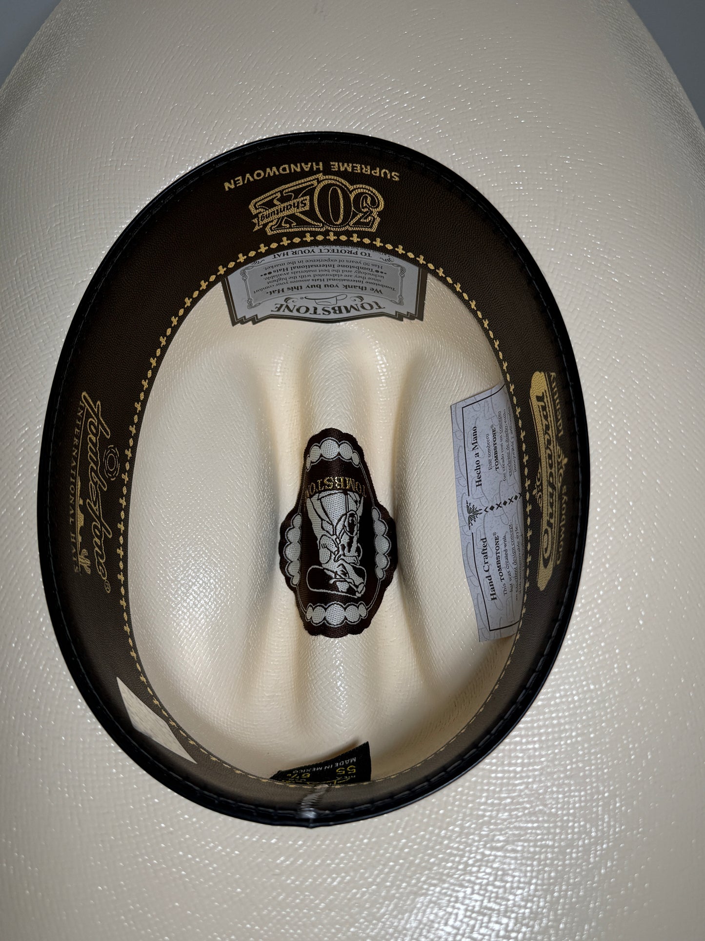 Interior del sombrero Tombstone Chaparral 30X con la badana que muestra la calidad 30X, el modelo Chaparral y la talla