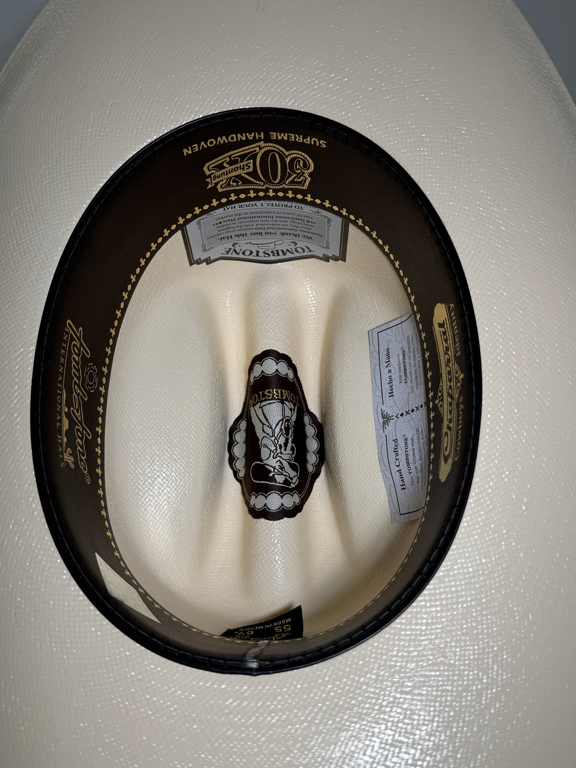Interior del sombrero Tombstone Chaparral 30X con la badana que muestra la calidad 30X, el modelo Chaparral y la talla
