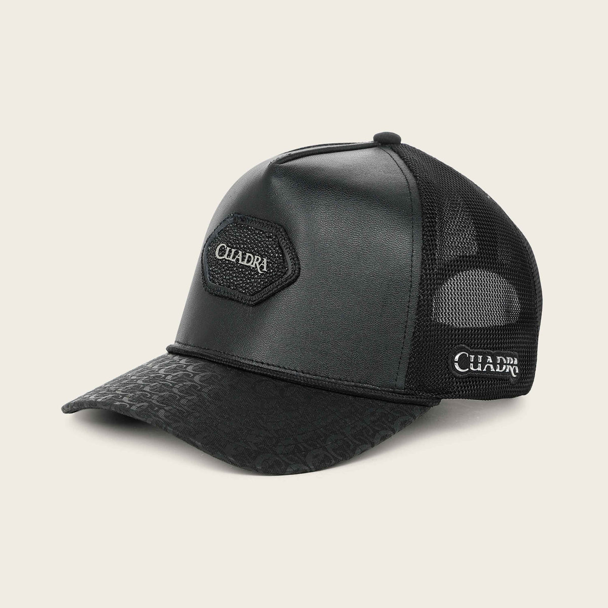 Cuadra CP006 men's black snapback cap with genuine stingray leather patch, front view