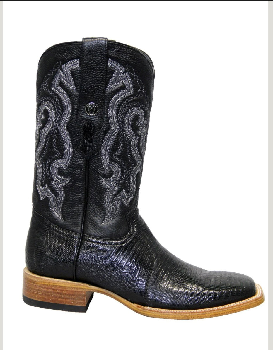 TANNER MARK Genuine Lizard Lather Square Toe Boots Black -TMX200438