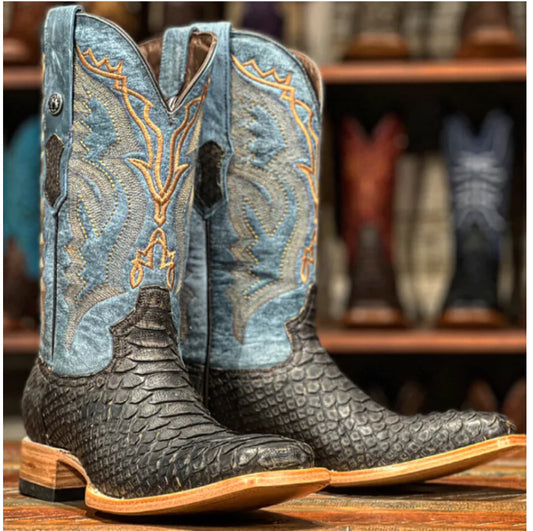 Tanner Mark Genuine Python Matte Brown Wide Square Boots - TMX208119