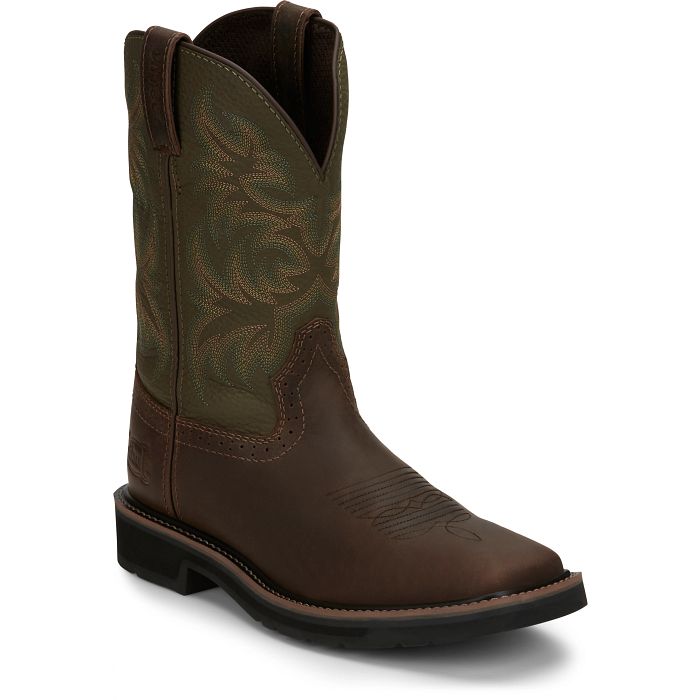 JUSTIN DRILLER 11" WORK BOOT BROWN WITH GREEN - SE4687